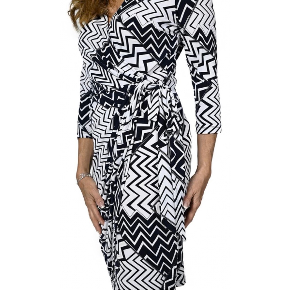 Frank Lyman Design Collection Black White Zig‎ Zag Print Wrap Midi Dress
